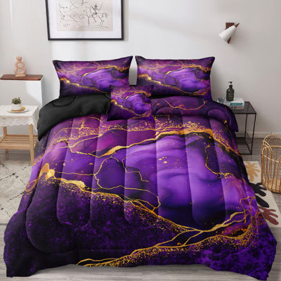 Ensemble d'édredon en marbre mauve et doré de très grande taille, ensemble de literie galaxie abstraite de luxe avec taies d'oreiller, ensemble d'édredon artistique moderne, ensemble de lit toutes saisons en microfibre douce