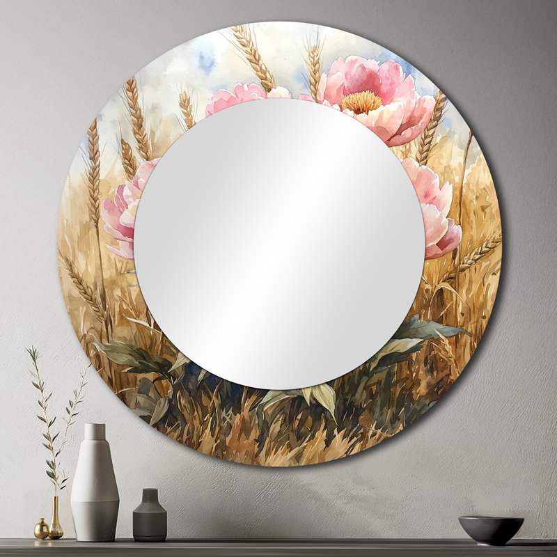 Peonies In The Wheat Field I - Floral Accent Wall Mirror - Printed On Metal, 36" x 36"