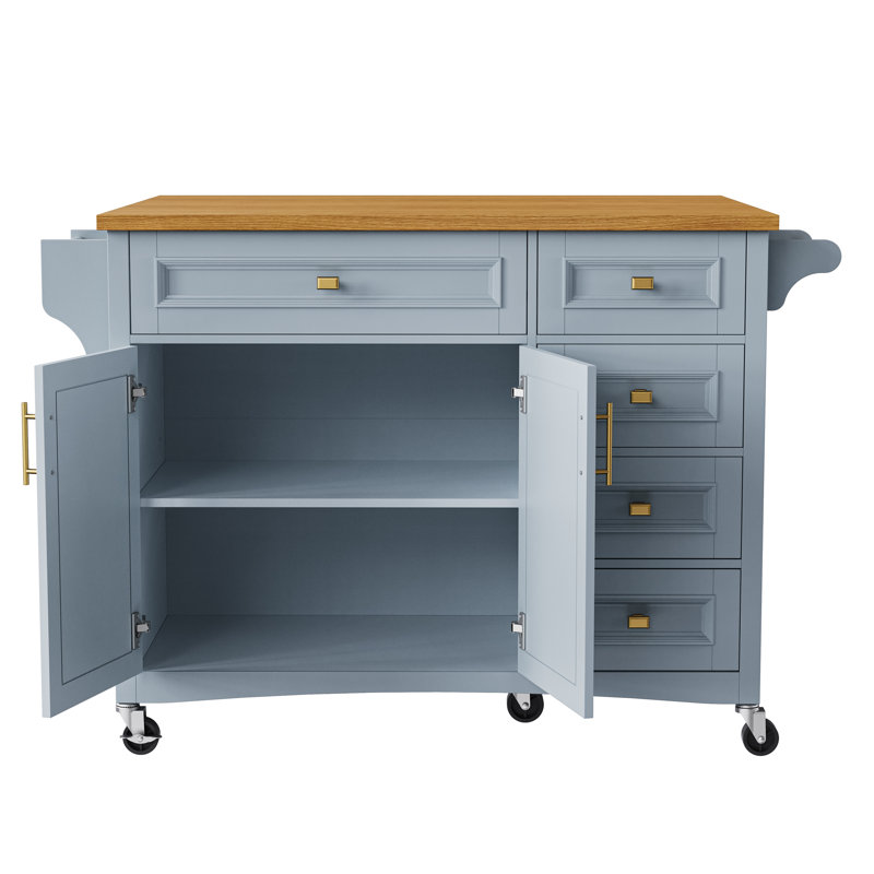 52" Kitchen Island With Drop Leaf, Embossed Texture Kitchen Island On Wheels With Spice Rack, Towel Rack, 2 Doors And 5 Drawers, Kitchen Storage Cart With Adjustable Shelf For Kitchen