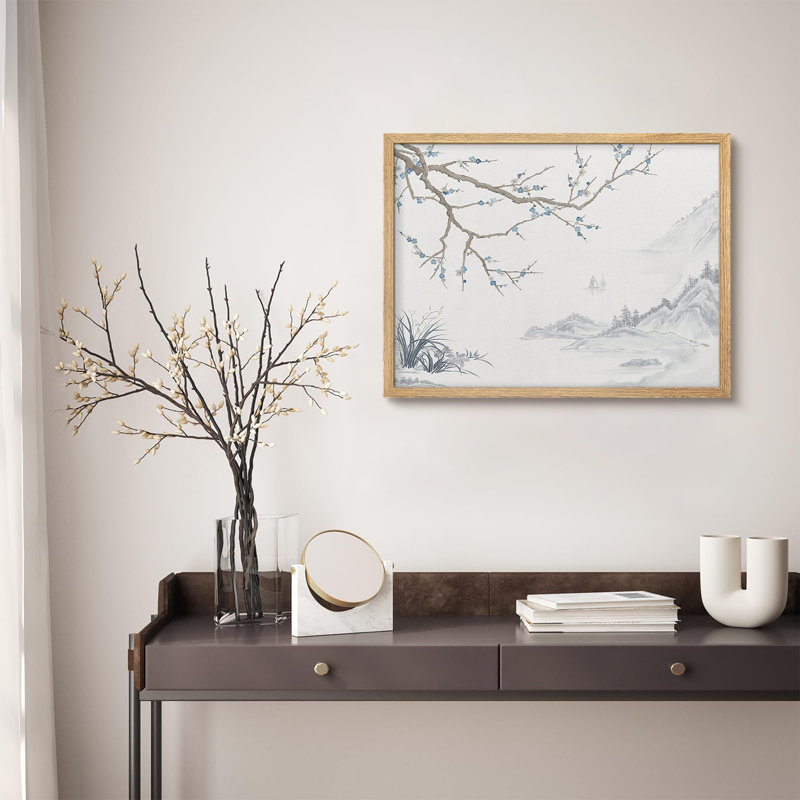 «Delicate Plum Blossoms and Misty Mountains in Ink Wash Style», affiche encadrée rustique, H 11 po x l 14 po