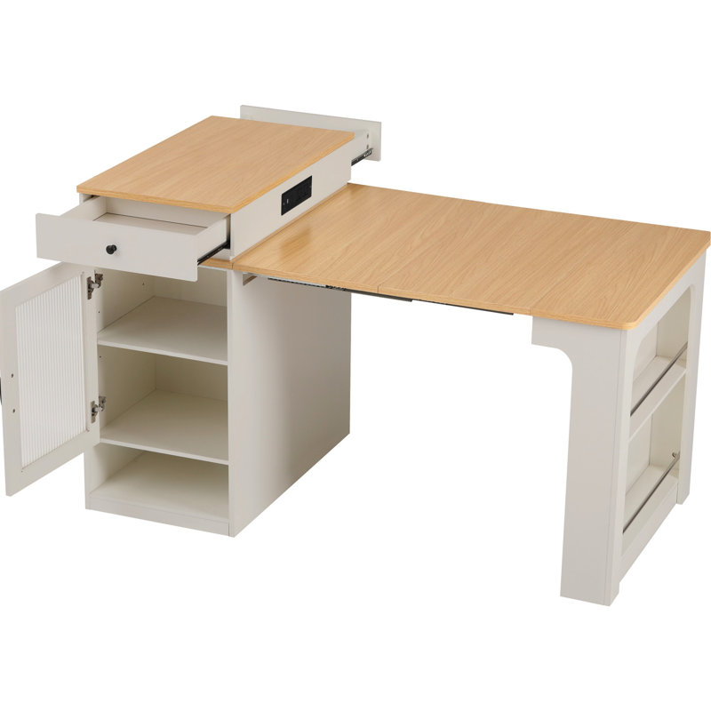 Îlot de cuisine extensible, armoire double face de 59,5 po de long, 2 tiroirs, prise de courant, compartiment de rangement latéral, blanc, extension 10,2 26 41,8 po, tablettes réglables, mécanisme de verrouillage en métal, mobile