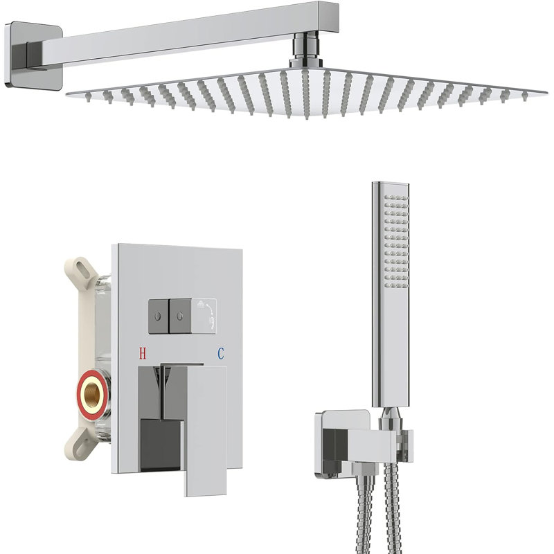 Iriber 12 Inch Wall Mounted Square Shower System With Rainfall Shower Head, Handheld Shower, Mixer Valve And Concealed Installation For Modern Bathroom