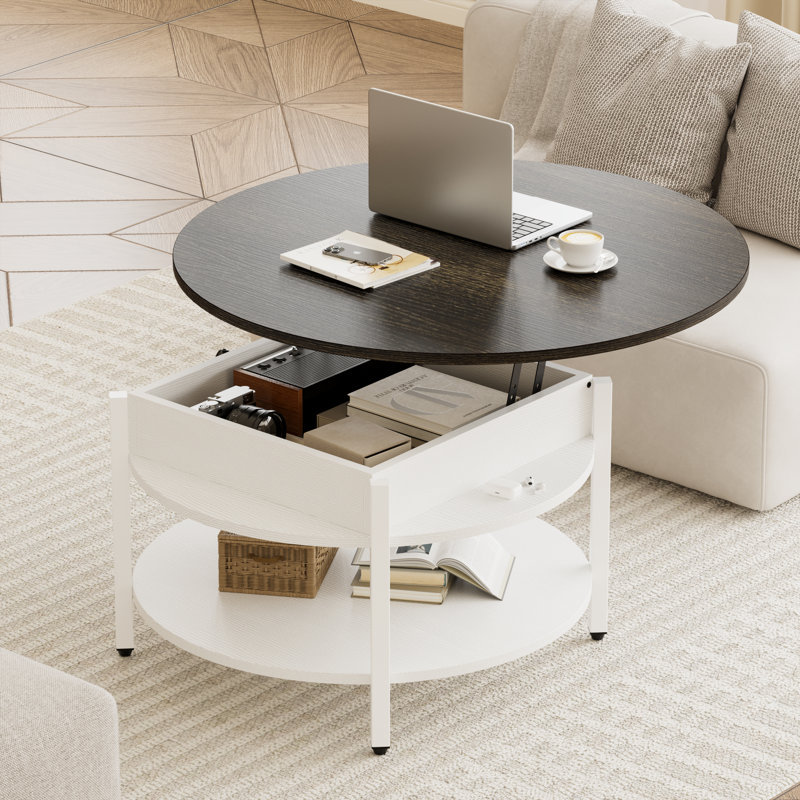 Ensemble de table de salon 2 pièces, table basse ronde à plateau relevable et foyer électrique moderne pour téléviseur de 70 po