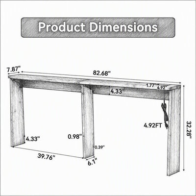 82.7" Narrow Solid Wood Sofa Table Behind Couch with Power Outlets and USB Ports