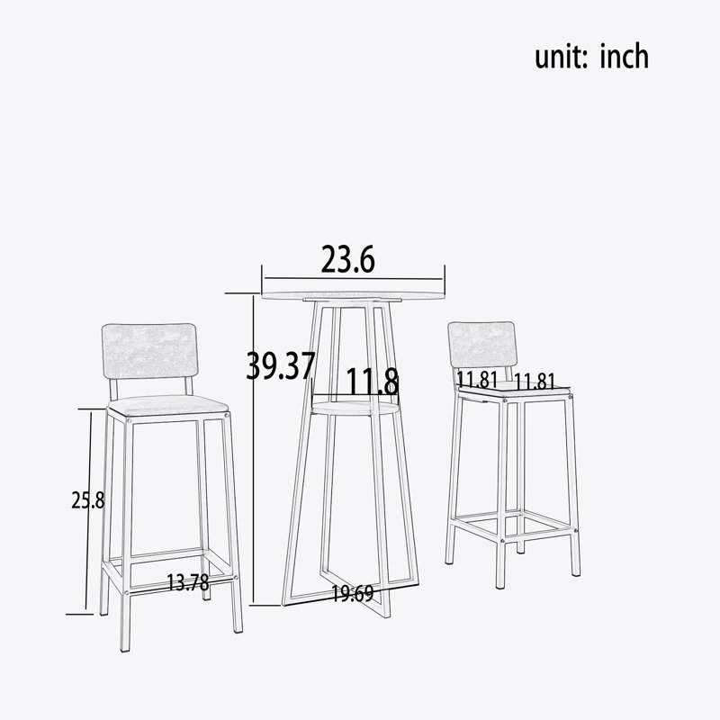  Bar table and chairs three piece set, frame, sponge made seat cushions and backrests, bar table with storage function, Blue