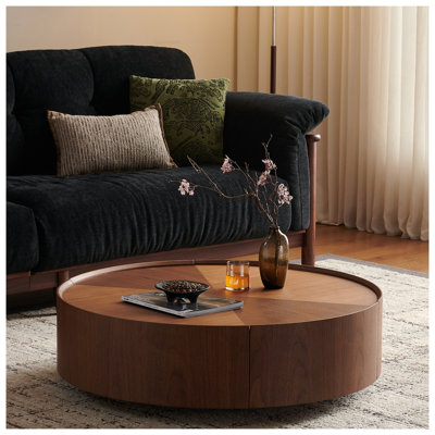 35.4-inch Round Walnut Coffee Table with Storage Drawer - Modern Retro Design for Living Room, Bedroom & Office