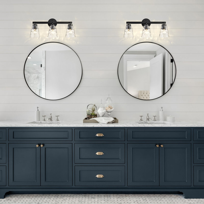 3 lumières 22 po Éclairage pour meuble-lavabo noir mat avec abat-jour en verre transparent martelé, Noir mat