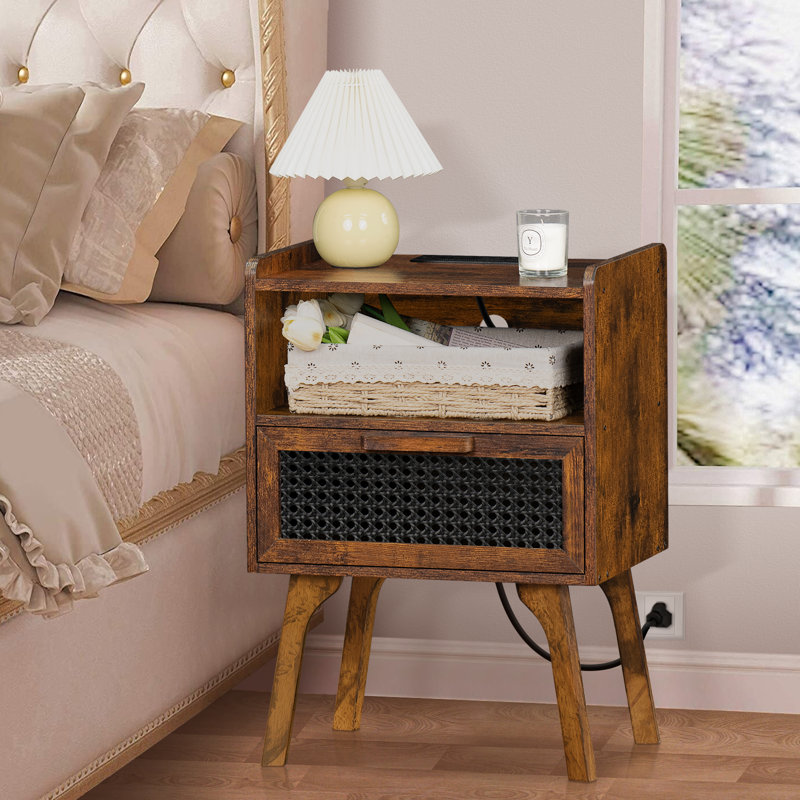 Rattan Nightstand With Charging Station, Boho Night Stand With Handmade Natural Rattan Drawer And Open Shelf, Cane Accent Side End Tables With Solid Wood Legs For Bedroom, Dorm, Small Spaces
