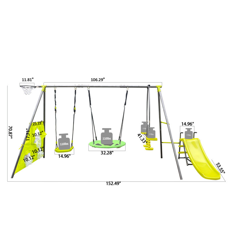 Green Interesting Six Function Swingset With Net Swing Metal Plastic Safe Swing Set 440Lbs For Outdoor Playground For Age 3+ With 31.5In Net Swing