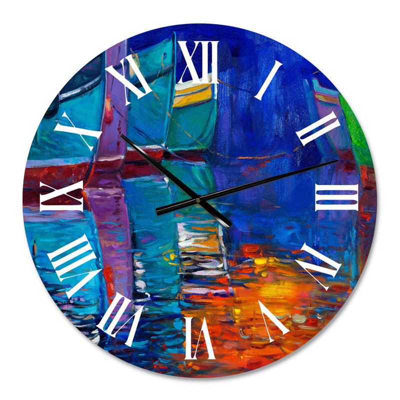 Bateaux se reposant sur l'eau pendant un coucher de soleil chaud - horloge murale nautique et côtière, Petit