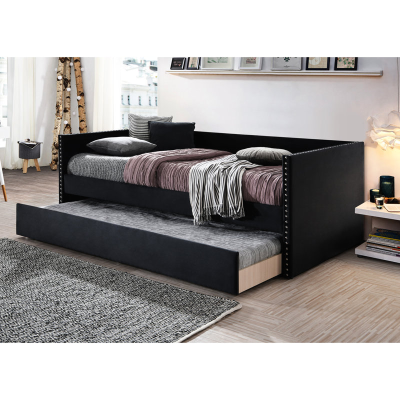 Lit de jour contemporain avec garniture cloutée et lit gigogne escamotable noir pour la chambre à coucher