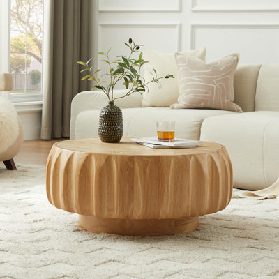 31.5" Round Fluted Coffee Table, Natural Wood Drum Table