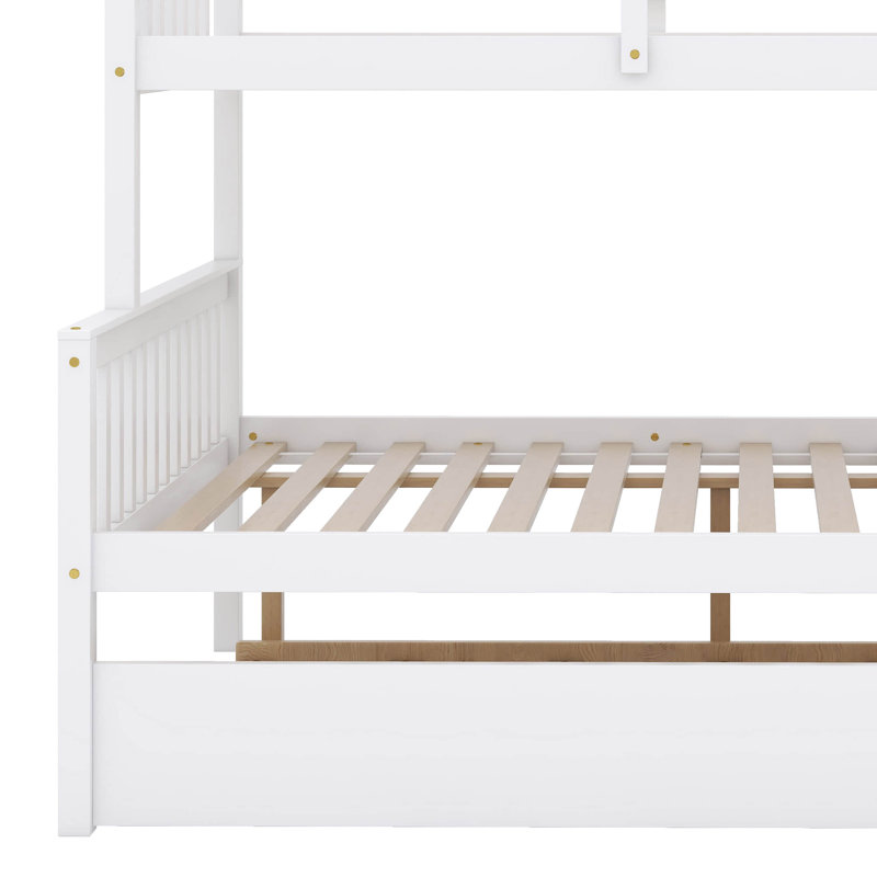  Keirlyn Twin Over Full Rubber Wood Bunk Bed With Trundle,  Convertible Bed, With Twin Size Trundle, White