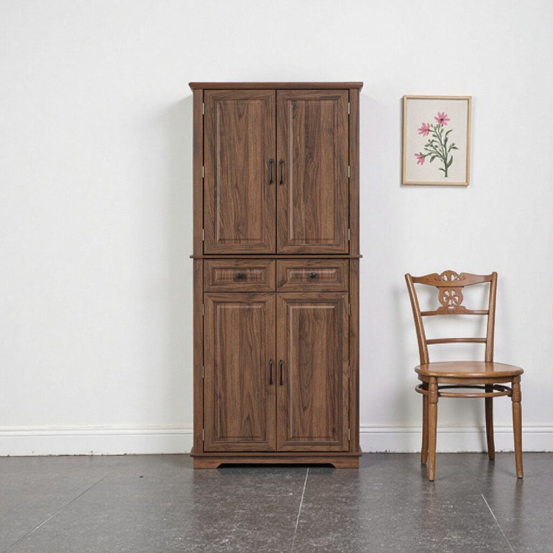 71" Farmhouse Tall Kitchen Pantry Cabinet with 3 Pull-Out Organizers, 6 Door Shelves & 2 Drawers - Brown Walnut MDF Storage Cupboard