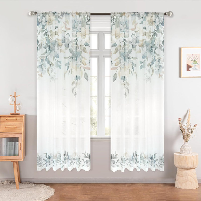 Paire de rideaux transparents Rennee Ployester, L 52 po x L 63 po, Blanc/vert