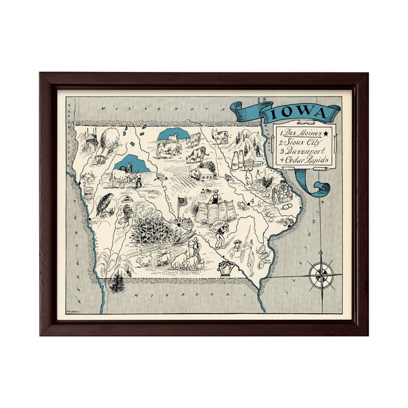 Carte illustrée de l'Iowa, H 08 po x l 10 po, Canevas, Encadrement brun