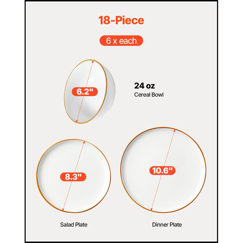Service de table en céramique 18 pièces avec assiettes et bols 18 pièces, service blanc classique pour un usage quotidien