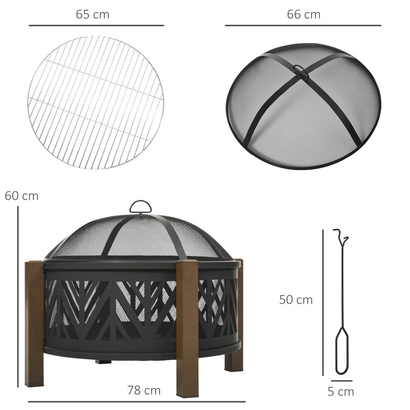 Pinerolo 2-In-1 Metal Large Firepit Bowl w/ Grill, Lid, 78x78x60cm, Black
