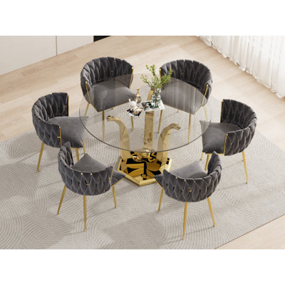 Ensemble de table de salle à manger 47,2 "en verre trempé rond pour 6 personnes, table de cuisine moderne avec base en acier inoxydable doré et 6 chaises rembourrées en velours, ensemble de salle à manger 7 pièces pour appartement, maison - chaise grise