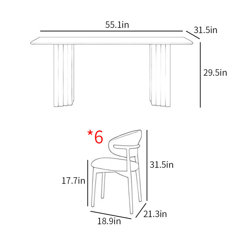 Simple fashion modern rectangular dining table set, 29.5"H x 55.1"L x 31.5"W