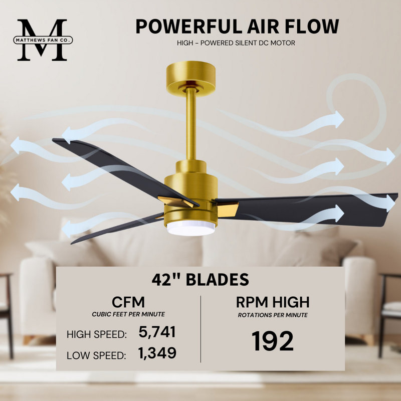 Alessandra - Three Blade Transitional Ceiling Fan -LED, Matte Black, Brushed Brass, 42"