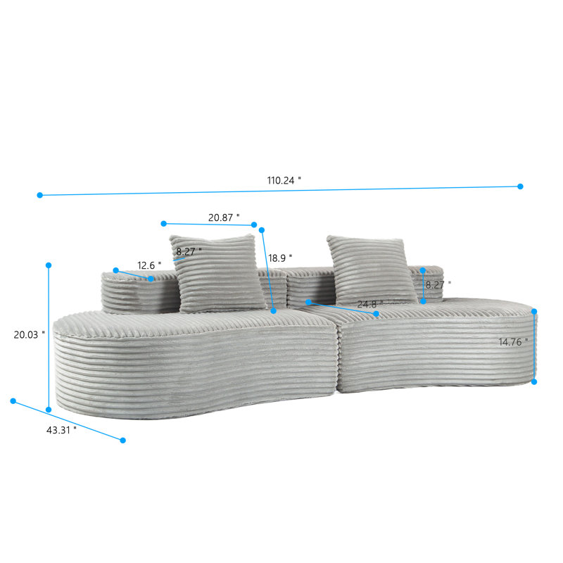 Canapé modulaire rembourré 110 po sans cadre avec deux coussins décoratifs 110 po, Gris clair