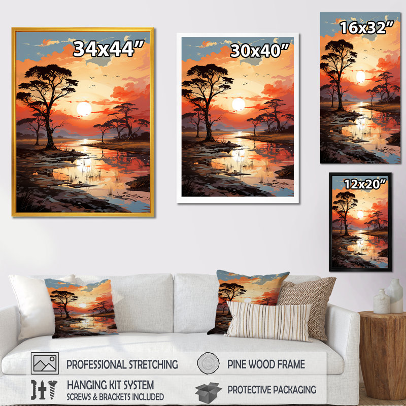 Coucher de soleil africain, savane, harmonie I - arbre, art mural africain, H 40 po x l 30 po x P 1,5 po, Cadre simple blanc