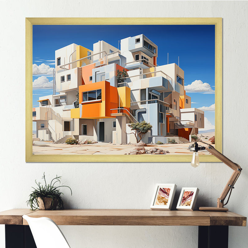 «De Stijl Style Factories Landscape I», reproduction sur toile, Cadre doré simple, H 16 po x l 32 po x P 1 po