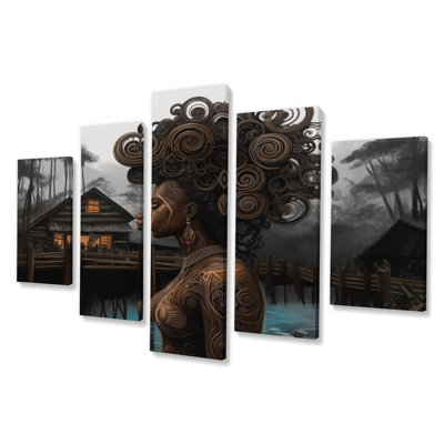 «African Tribal Soul By The River Soul II» - décoration murale femme afro-américaine - 5 panneaux