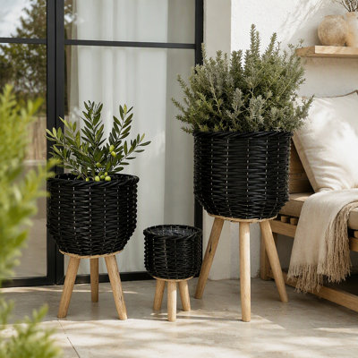 Ensemble de 3 paniers en rotin de polyester avec texture de corde et pieds fuselés en bois