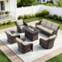 7-Person Outdoor Patio Conversation Rattan Seating Group With 2-In-1 Propane Fire Pit Table and Beige Cushions