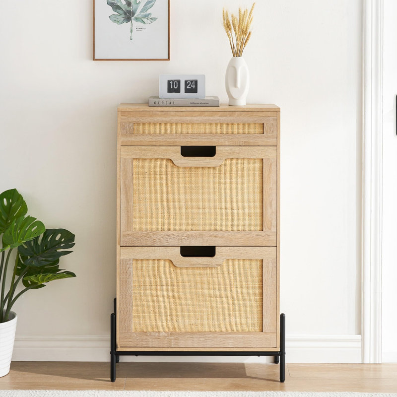 Entryway Shoe Cabinet With 2 Drawers, Slim Wooden Shoe Organizer With Linen Front Panels, Natural Wood