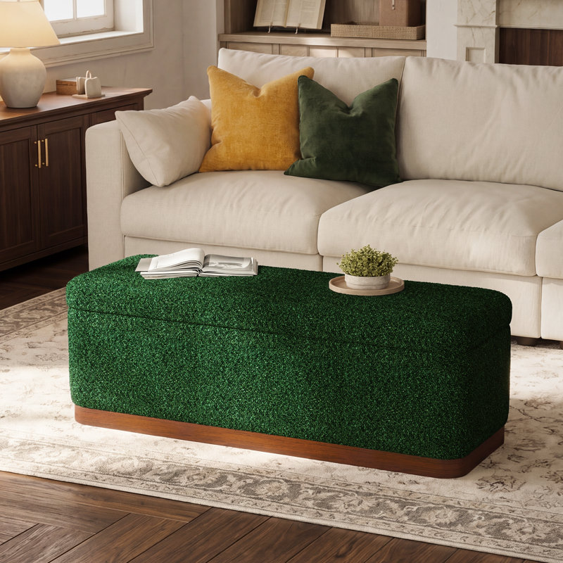 Modern 46" Bouclé Upholstered Storage Bench with Solid Wood Base & Hidden Compartment, GREEN