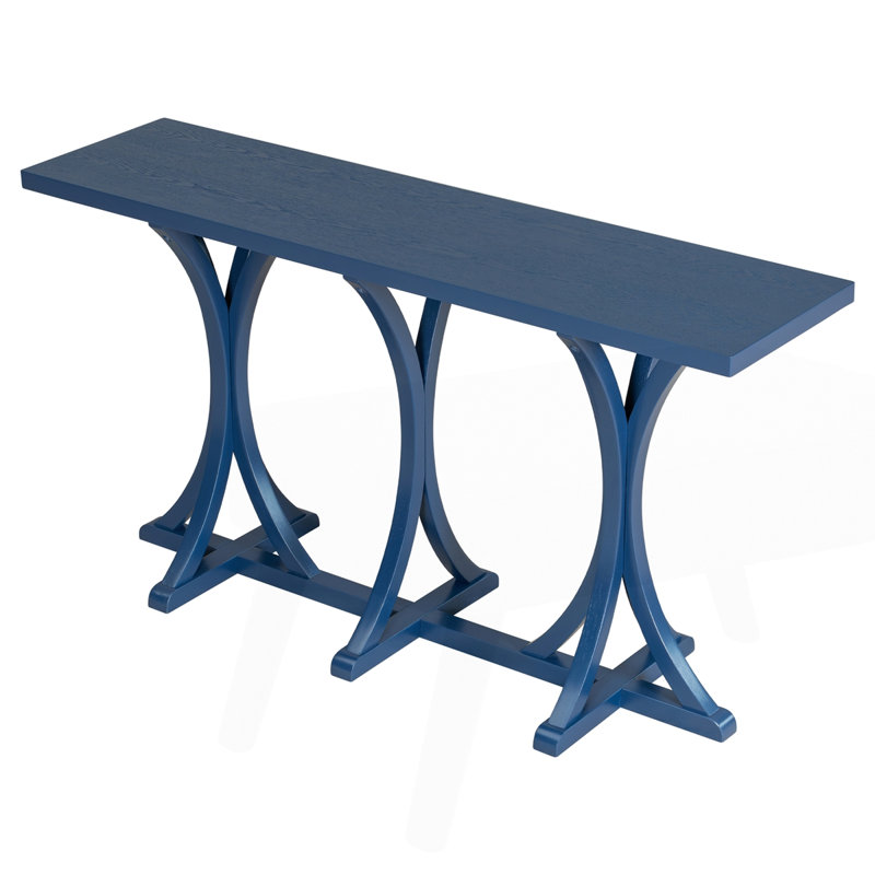 59.8" Wooden Console Table with Oak Veneer Top, Navy Blue