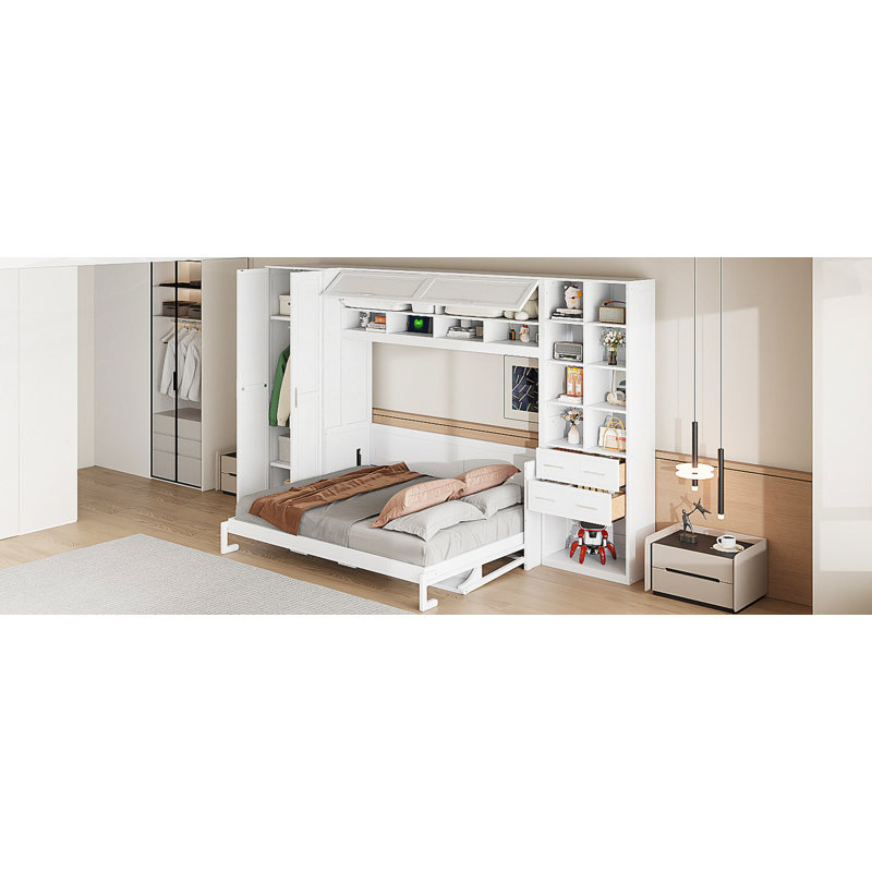 Grand lit escamotable avec placard, tiroirs et tablettes, Grand, Blanc