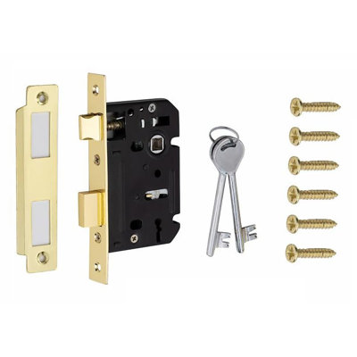  Bolt Through 3 Lever Sash Mortise Lock in Electro Brass Finish with 2 Keys - 64mm