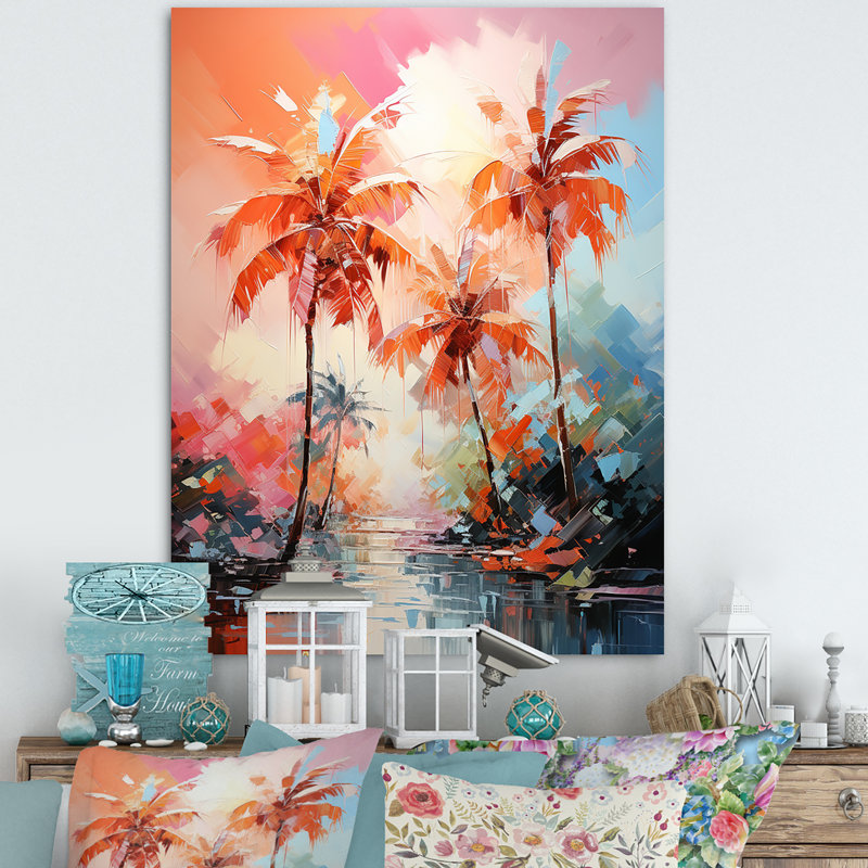 Décoration murale orange orange et palmiers roses II - palmiers et palmiers, H 40 po x l 30 po x P 1,5 po, Toile tendue
