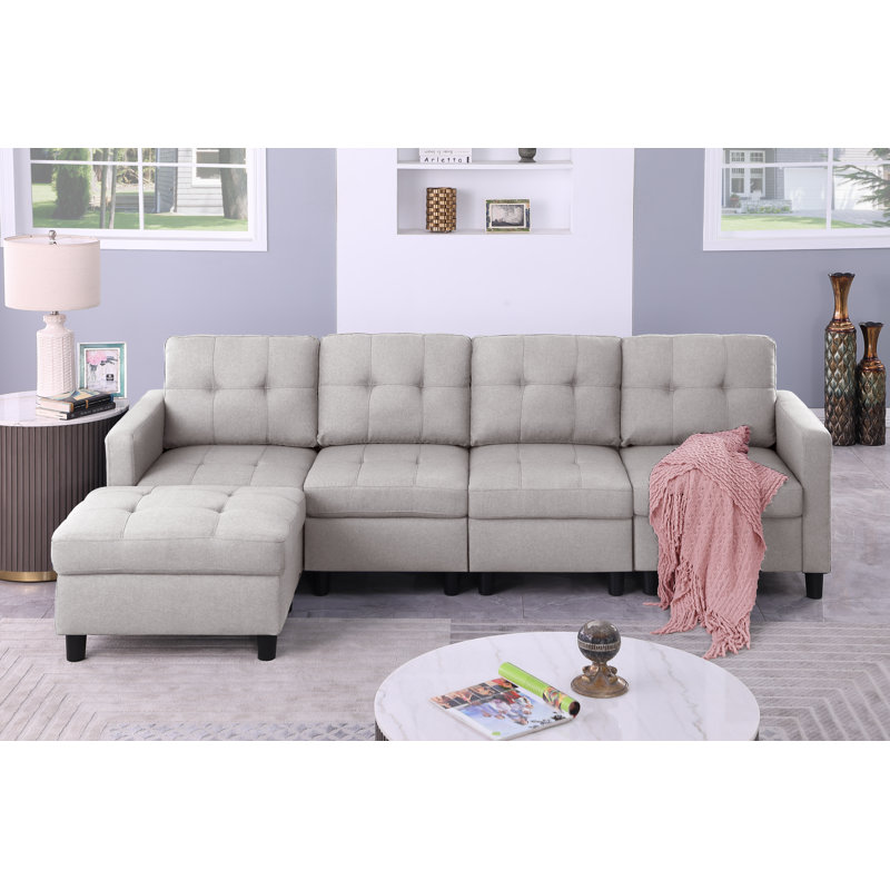 Kentrell Modular Sofa With Ottoman, Light Gray, 34.65" H x 101" W x 31.5" D