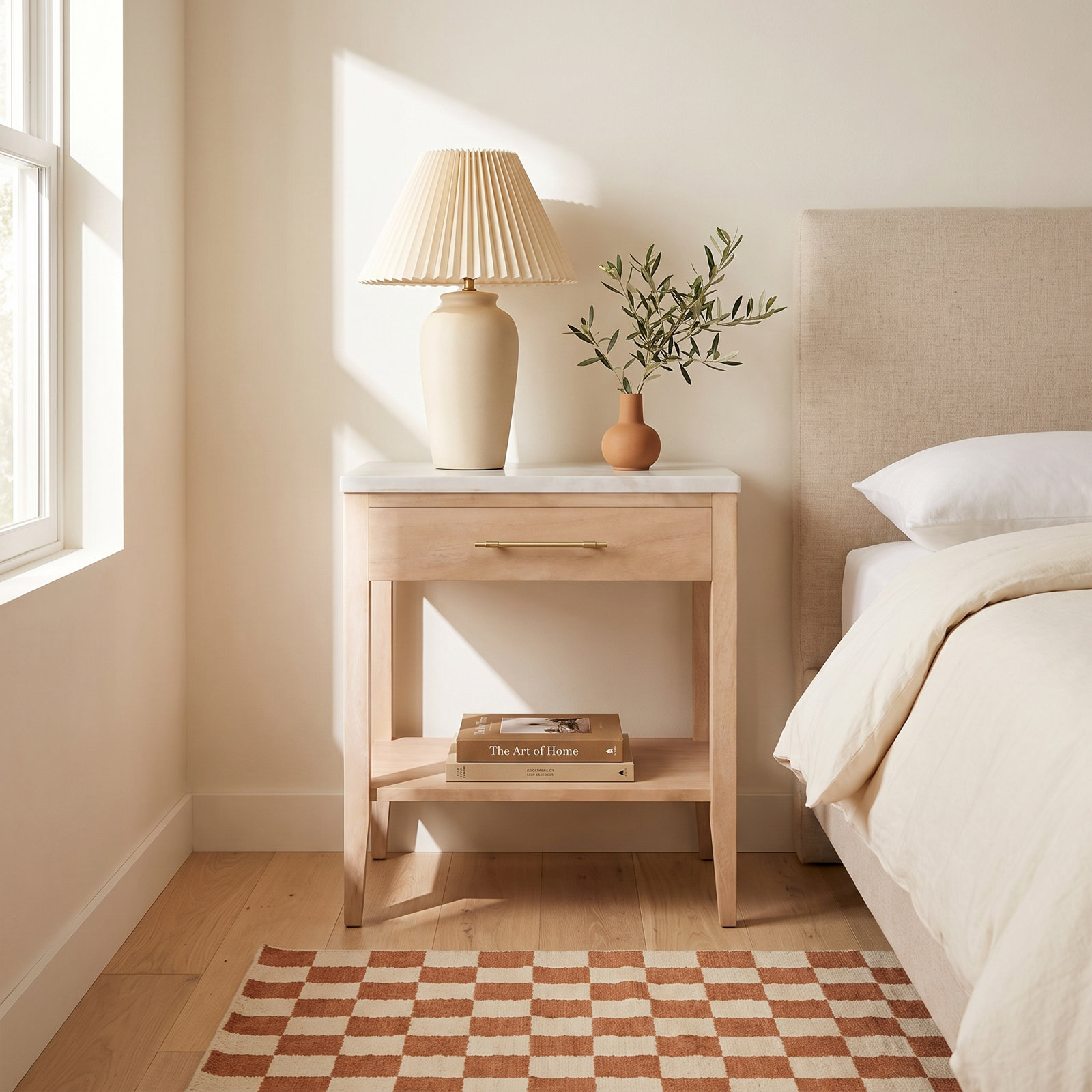 Solid Wood Nightstand with Marble Top, Natural/Ivory