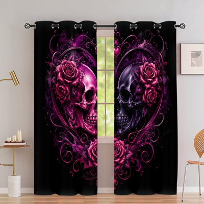2 PCS rideaux occultants avec œillets, romantique crâne gothique rose avec des drapeaux en polyester imprimés de cœur, isolation thermique, réduction du bruit, protection de la vie privée, obscurcissement des rideaux de traitement de fenêtre pour la chambre à coucher, cuisine, intérieur, décoration intérieure