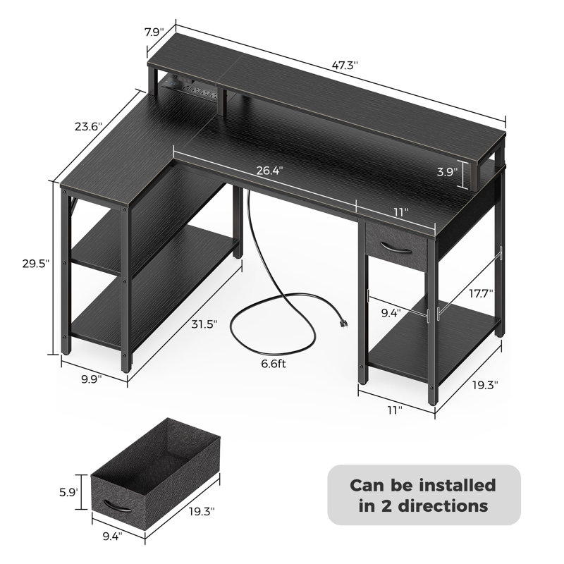 Reversible L Shaped Gaming Desk with Drawer, LED Lights & Power Outlets, Corner Computer Desk with Shelves & Monitor Stand