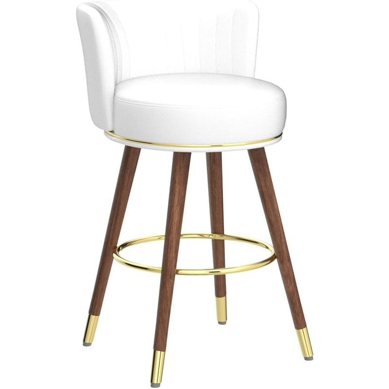 Ensemble de 2 tabourets de bar pivotants modernes avec revêtement en cuir, dossier, pieds en bois et repose-pieds, blanc