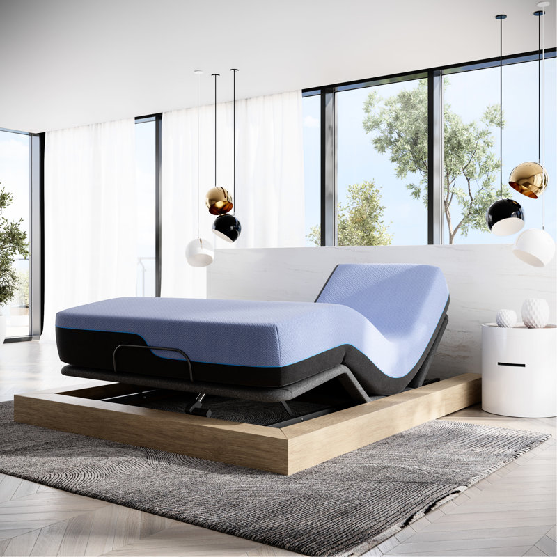 Matelas de 12 pouces à 6 couches et base réglable, mousse de latex très grande taille, housse de glace bleue, confort rafraîchissant pour une nuit de détente relaxante avec base en mousse, base respirante et apaisante