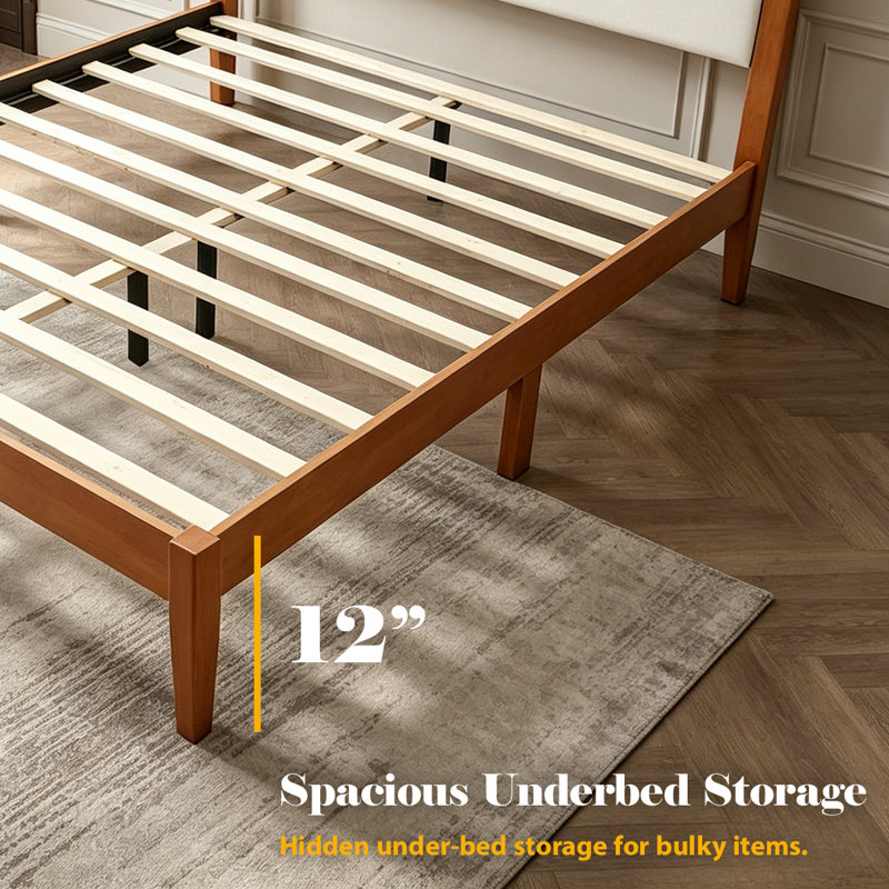 Structure de lit double pleine grandeur de style moderne Mid-Century avec tête de lit tapissier en velours et pieds fuselés, support de lattes en bois massif, aucun sommier nécessaire