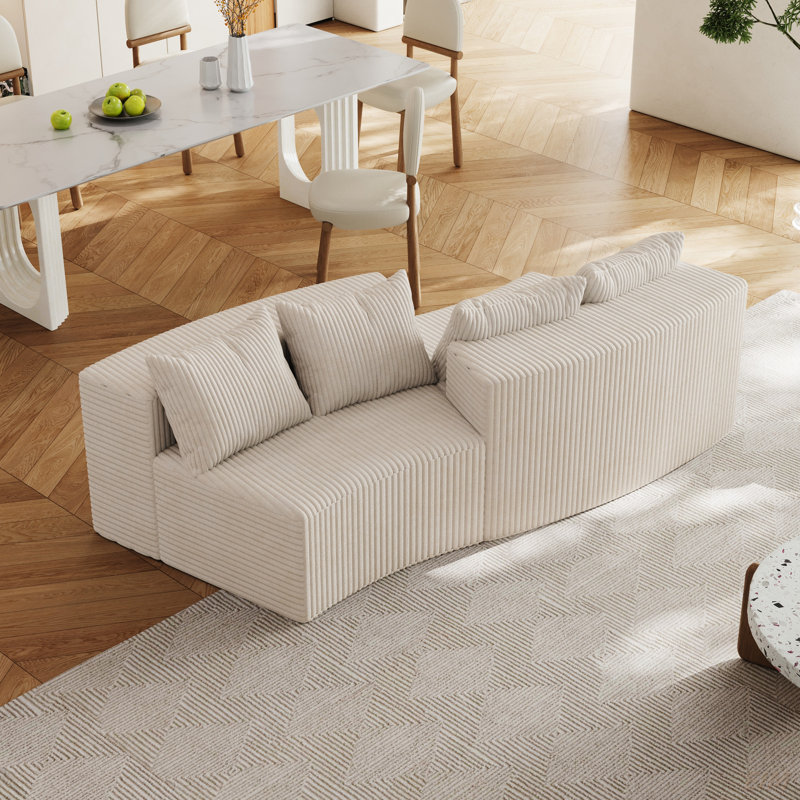 Boneless Corduroy Curved Sectional Sofa With Four Pillows, Modules, Gray Corduroy, 30.5" H x 90.5" W x 43" D