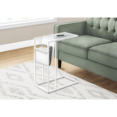 Table d'appoint, en forme de C, bout, côté, collation, rangement pour magazines, salon, chambre à coucher, aspect cuir blanc, métal blanc, contemporain, moderne