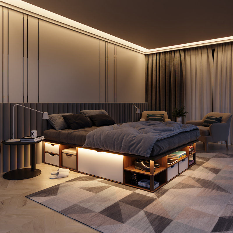 Wooden Bed Frame with Storage - Solid Wood Platform Bed with Drawer, Queen, Golden Brown/White