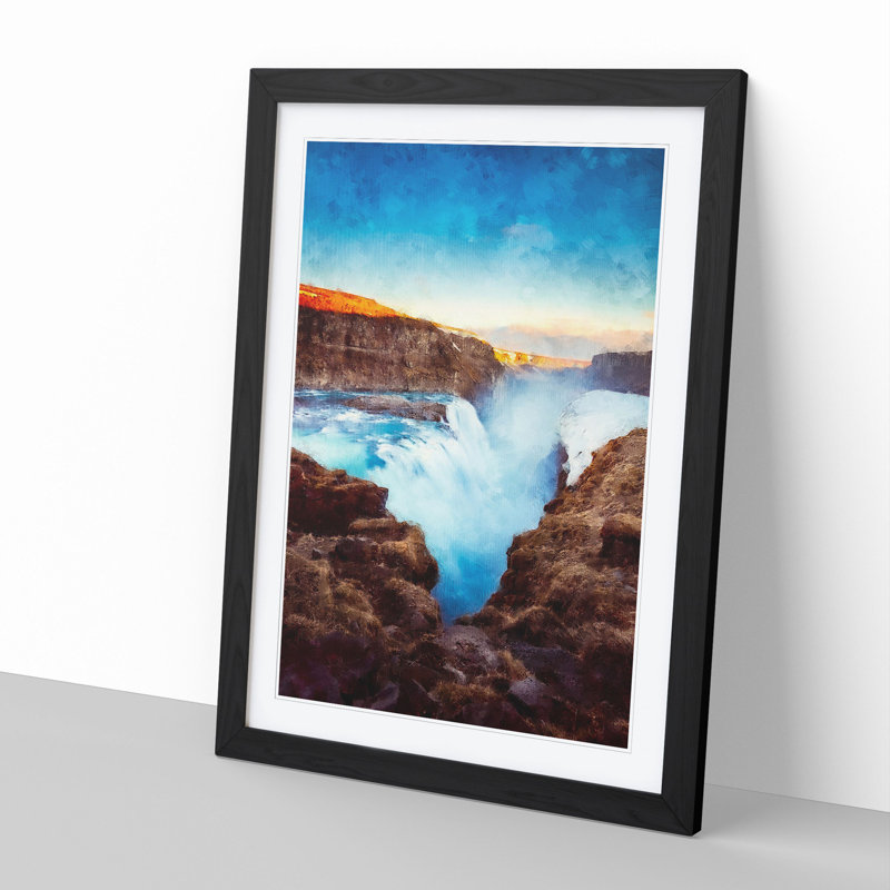 A Waterfall in Iceland - Picture Frame Painting, 36cm H x 27cm W x 2cm D, Black Framed