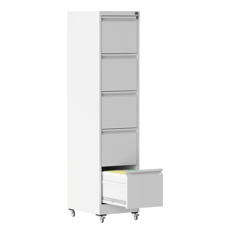 Classeur vertical en métal robuste à 5 tiroirs avec serrure et roulettes, blanc, pour le bureau à domicile | Idée de cadeau