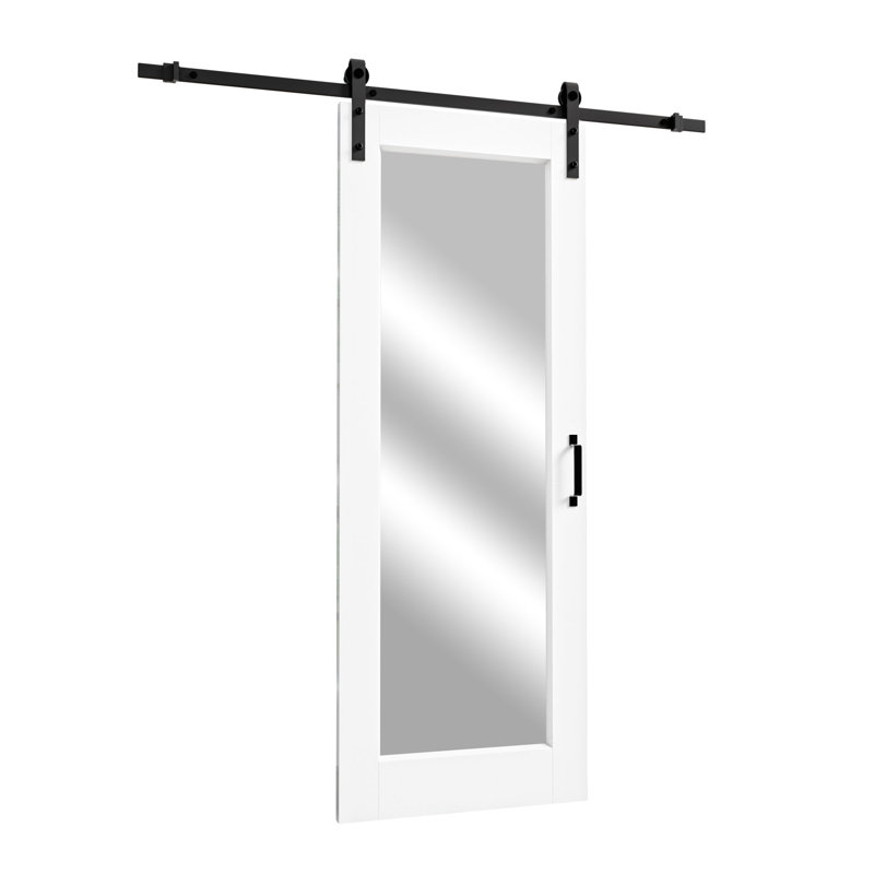 White Primed Glass Mirrored And Solid Wood With Installation Hardware Kit Barn Door(No Assembly Required), 32" x 80"